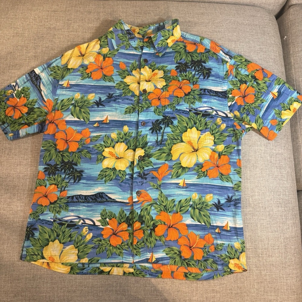 Squish Mens Large Hawaiian Aloha Shirt Blue‎ Hibiscus Floral Tropical Camp